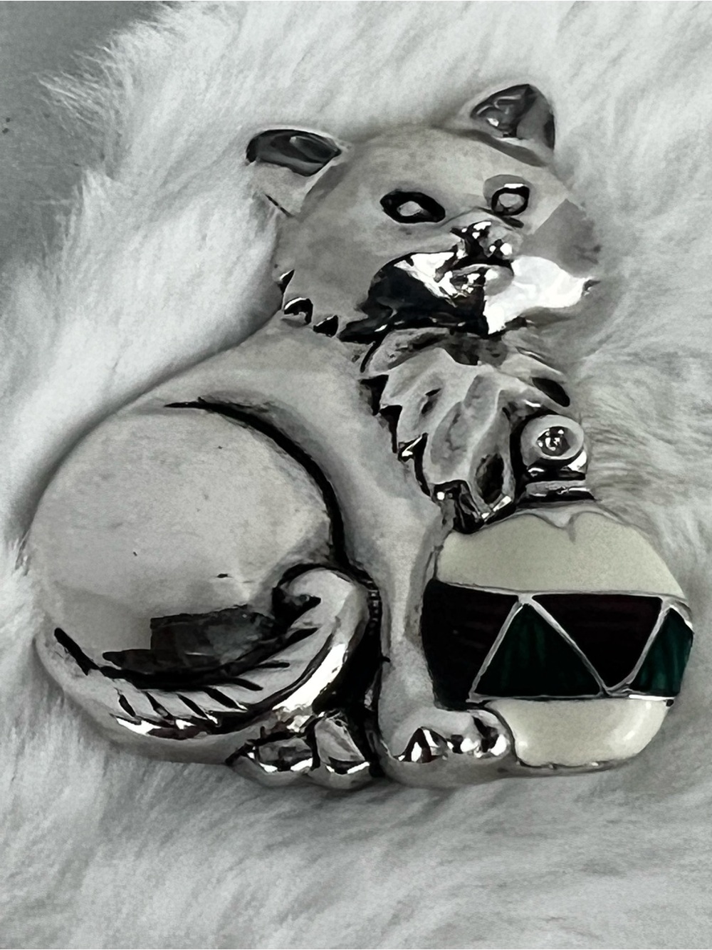 Vintage Silver Tone Holiday Kitten Brooch Pin with Colorful Enamel Ornament